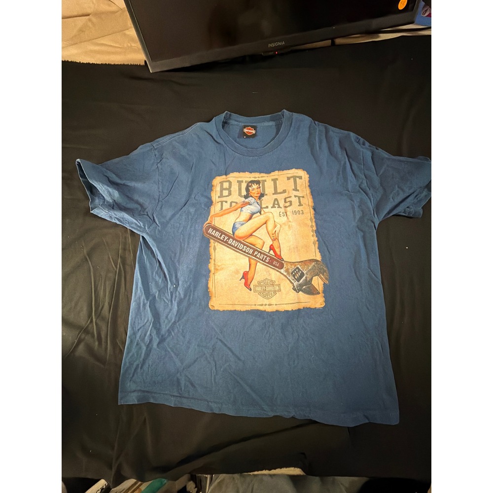 Harley-Davidson Mens Built To Last Pin-Up Girl Sioux Falls SD Blue T-Shirt‎ 2XL